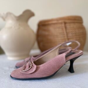 Vintage ballerina pink suede kitten heel shoes with silver buckle